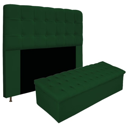 Kit Cabeceira Estofada Mel Cama Box King 195 cm mais Calçadeira Baú Mel com Capitonê Suede Verde para Quarto - AM Decor