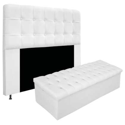 Kit Cabeceira Estofada Mel Cama Box Queen 160 cm mais Calçadeira Baú Mel com Capitonê Suede Branco para Quarto - AM Decor