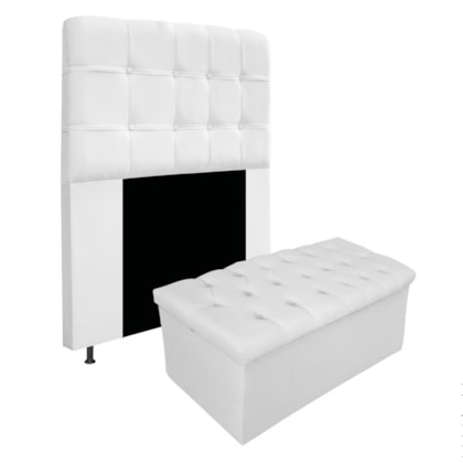 Kit Cabeceira Estofada Mel Cama Box Solteiro 90 cm mais Calçadeira Baú Mel com Capitonê Suede Branco para Quarto - AM Decor