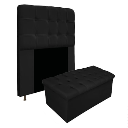 Kit Cabeceira Estofada Mel Cama Box Solteiro 90 cm mais Calçadeira Baú Mel com Capitonê Suede Preto para Quarto - AM Decor