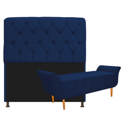 Kit Cabeceira Estofado Lady e Recamier Ari 140 cm Casal Suede Azul Marinho - Amarena Móveis