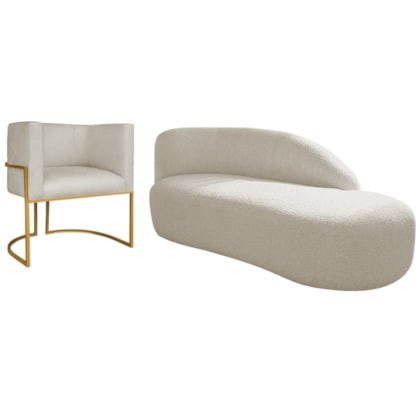 Kit Divã Luna 140cm Lado Direito e 01 Poltrona Base de Ferro Dourado Bouclé Bege