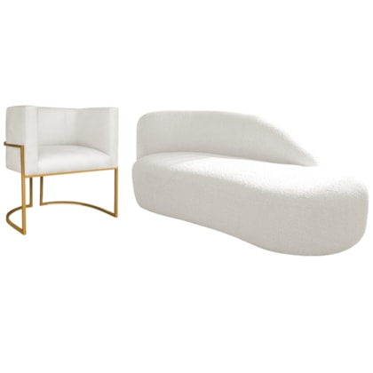 Kit Divã Luna 140cm Lado Direito e 01 Poltrona Base de Ferro Dourado Bouclé Branco