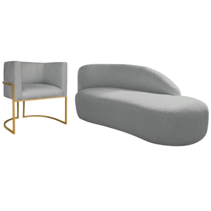 Kit Divã Luna 140cm Lado Direito e 01 Poltrona Base de Ferro Dourado Bouclé Cinza