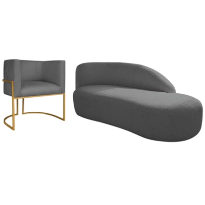 Kit Divã Luna 140cm Lado Direito e 01 Poltrona Base de Ferro Dourado Linho Cinza Escuro