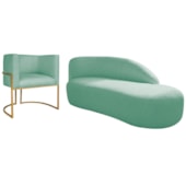Kit Divã Luna 140cm Lado Direito e 01 Poltrona Base de Ferro Dourado Suede Azul Tiffany