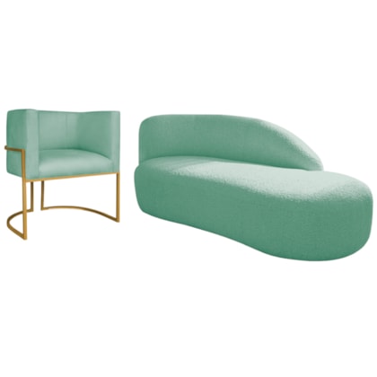 Kit Divã Luna 140cm Lado Direito e 01 Poltrona Base de Ferro Dourado Suede Azul Tiffany