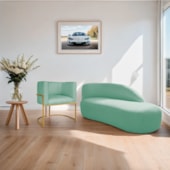 Kit Divã Luna 140cm Lado Direito e 01 Poltrona Base de Ferro Dourado Suede Azul Tiffany