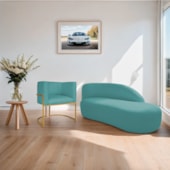 Kit Divã Luna 140cm Lado Direito e 01 Poltrona Base de Ferro Dourado Suede Azul Turquesa