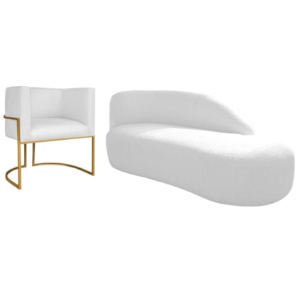 Kit Divã Luna 140cm Lado Direito e 01 Poltrona Base de Ferro Dourado Suede Branco