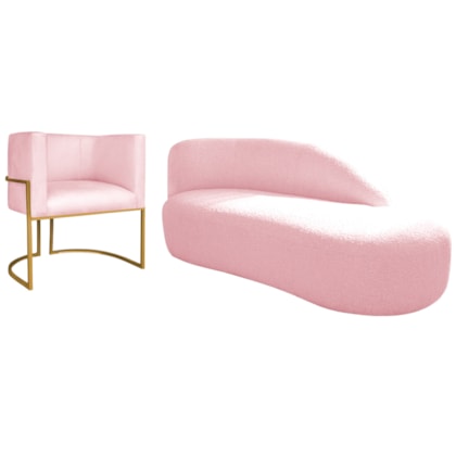 Kit Divã Luna 140cm Lado Direito e 01 Poltrona Base de Ferro Dourado Suede Rosa Bebe