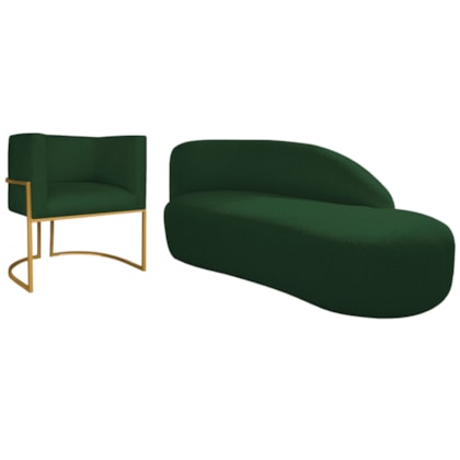 Kit Divã Luna 140cm Lado Direito e 01 Poltrona Base de Ferro Dourado Suede Verde