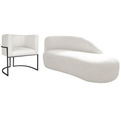 Kit Divã Luna 140cm Lado Direito e 01 Poltrona Base de Ferro Preto Bouclé Branco