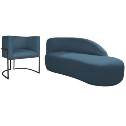Kit Divã Luna 140cm Lado Direito e 01 Poltrona Base de Ferro Preto Linho Azul Royal