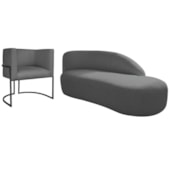 Kit Divã Luna 140cm Lado Direito e 01 Poltrona Base de Ferro Preto Linho Cinza Escuro