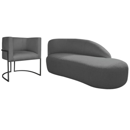 Kit Divã Luna 140cm Lado Direito e 01 Poltrona Base de Ferro Preto Linho Cinza Escuro