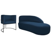 Kit Divã Luna 140cm Lado Direito e 01 Poltrona Base de Ferro Preto Suede Azul Marinho