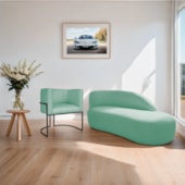 Kit Divã Luna 140cm Lado Direito e 01 Poltrona Base de Ferro Preto Suede Azul Tiffany