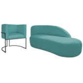 Kit Divã Luna 140cm Lado Direito e 01 Poltrona Base de Ferro Preto Suede Azul Turquesa