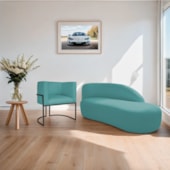 Kit Divã Luna 140cm Lado Direito e 01 Poltrona Base de Ferro Preto Suede Azul Turquesa