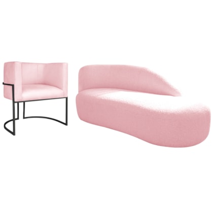 Kit Divã Luna 140cm Lado Direito e 01 Poltrona Base de Ferro Preto Suede Rosa Bebe