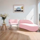 Kit Divã Luna 140cm Lado Direito e 01 Poltrona Base de Ferro Preto Suede Rosa Bebe