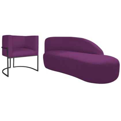 Kit Divã Luna 140cm Lado Direito e 01 Poltrona Base de Ferro Preto Suede Roxo