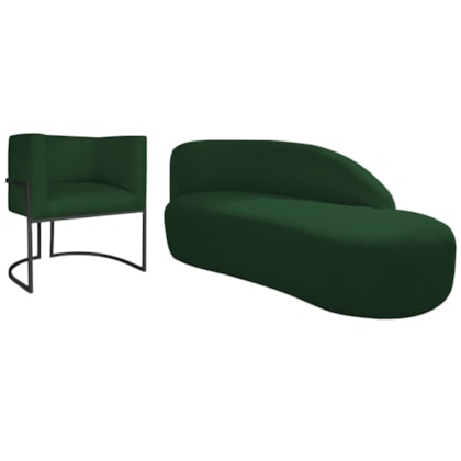 Kit Divã Luna 140cm Lado Direito e 01 Poltrona Base de Ferro Preto Suede Verde