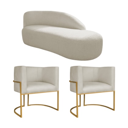 Kit Divã Luna 140cm Lado Direito e 02 Poltronas Base de Ferro Dourado Bouclé Bege