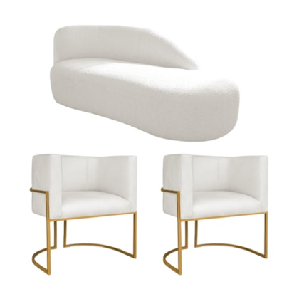 Kit Divã Luna 140cm Lado Direito e 02 Poltronas Base de Ferro Dourado Bouclé Branco
