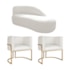 Kit Divã Luna 140cm Lado Direito e 02 Poltronas Base de Ferro Dourado Bouclé Branco