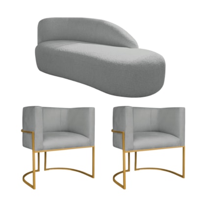 Kit Divã Luna 140cm Lado Direito e 02 Poltronas Base de Ferro Dourado Bouclé Cinza