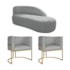 Kit Divã Luna 140cm Lado Direito e 02 Poltronas Base de Ferro Dourado Bouclé Cinza