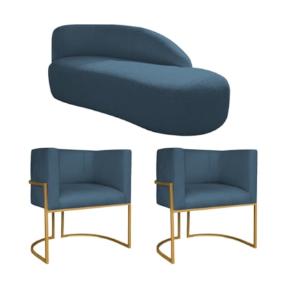 Kit Divã Luna 140cm Lado Direito e 02 Poltronas Base de Ferro Dourado Linho Azul Royal