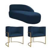 Kit Divã Luna 140cm Lado Direito e 02 Poltronas Base de Ferro Dourado Suede Azul Marinho