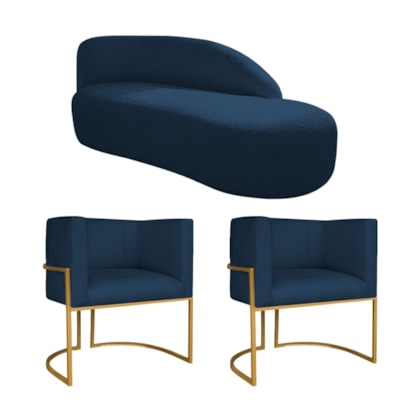 Kit Divã Luna 140cm Lado Direito e 02 Poltronas Base de Ferro Dourado Suede Azul Marinho