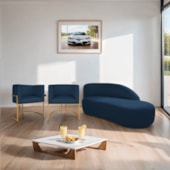 Kit Divã Luna 140cm Lado Direito e 02 Poltronas Base de Ferro Dourado Suede Azul Marinho