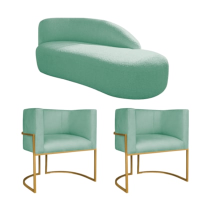 Kit Divã Luna 140cm Lado Direito e 02 Poltronas Base de Ferro Dourado Suede Azul Tiffany