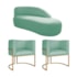 Kit Divã Luna 140cm Lado Direito e 02 Poltronas Base de Ferro Dourado Suede Azul Tiffany