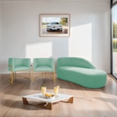 Kit Divã Luna 140cm Lado Direito e 02 Poltronas Base de Ferro Dourado Suede Azul Tiffany