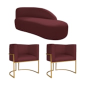 Kit Divã Luna 140cm Lado Direito e 02 Poltronas Base de Ferro Dourado Suede Bordo