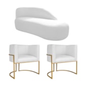 Kit Divã Luna 140cm Lado Direito e 02 Poltronas Base de Ferro Dourado Suede Branco