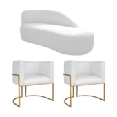 Kit Divã Luna 140cm Lado Direito e 02 Poltronas Base de Ferro Dourado Suede Branco