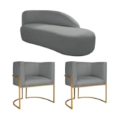 Kit Divã Luna 140cm Lado Direito e 02 Poltronas Base de Ferro Dourado Suede Cinza