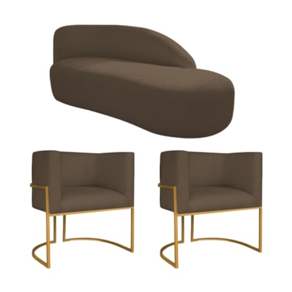 Kit Divã Luna 140cm Lado Direito e 02 Poltronas Base de Ferro Dourado Suede Marrom