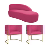 Kit Divã Luna 140cm Lado Direito e 02 Poltronas Base de Ferro Dourado Suede Pink