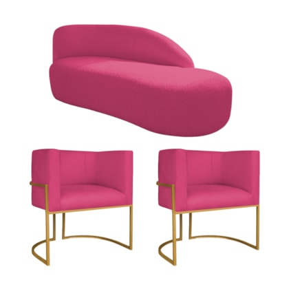 Kit Divã Luna 140cm Lado Direito e 02 Poltronas Base de Ferro Dourado Suede Pink