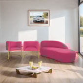 Kit Divã Luna 140cm Lado Direito e 02 Poltronas Base de Ferro Dourado Suede Pink