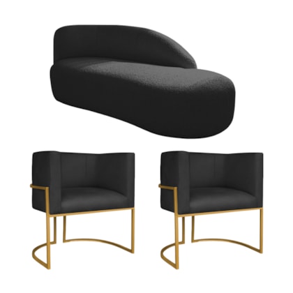 Kit Divã Luna 140cm Lado Direito e 02 Poltronas Base de Ferro Dourado Suede Preto