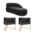 Kit Divã Luna 140cm Lado Direito e 02 Poltronas Base de Ferro Dourado Suede Preto